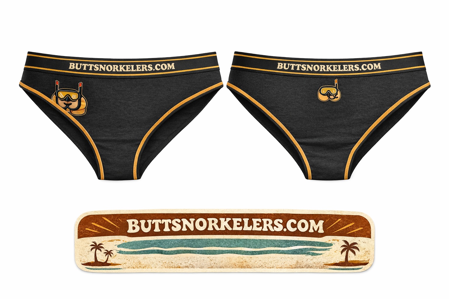 ButtSnorkelers Cheek Chic — front and back view of black women's underwear with gold BUTTSNORKELERS.COM waistband