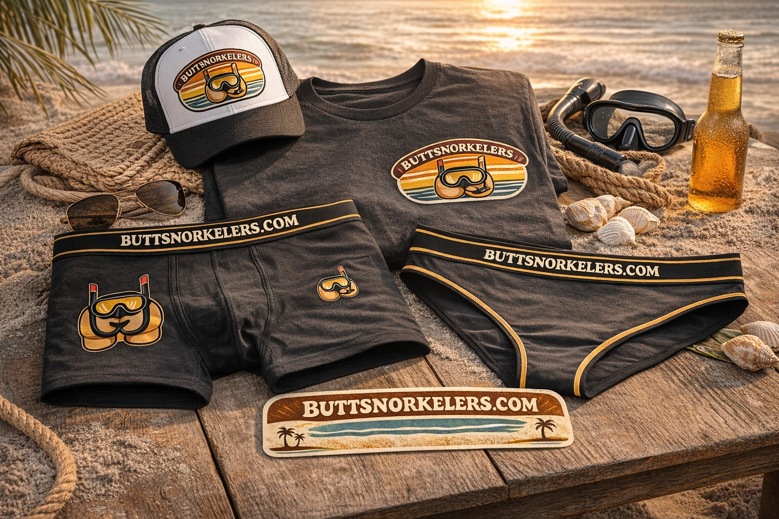 ButtSnorkelers Full Plunge Kit — all products laid out on beach: hat, tee, boxers, panties, and sticker patch