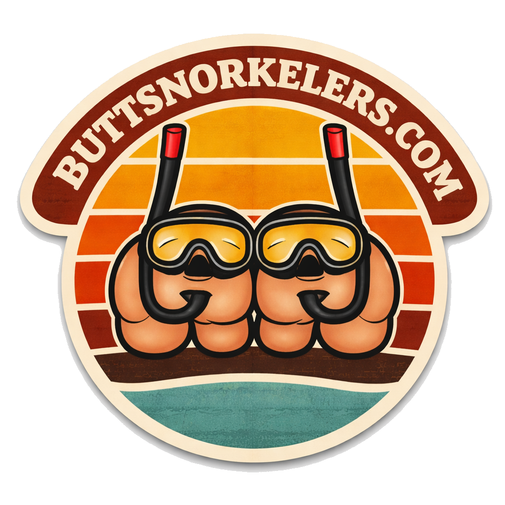 ButtSnorkelers.com die-cut sticker — two cartoon butts wearing snorkel gear on a retro sunset background