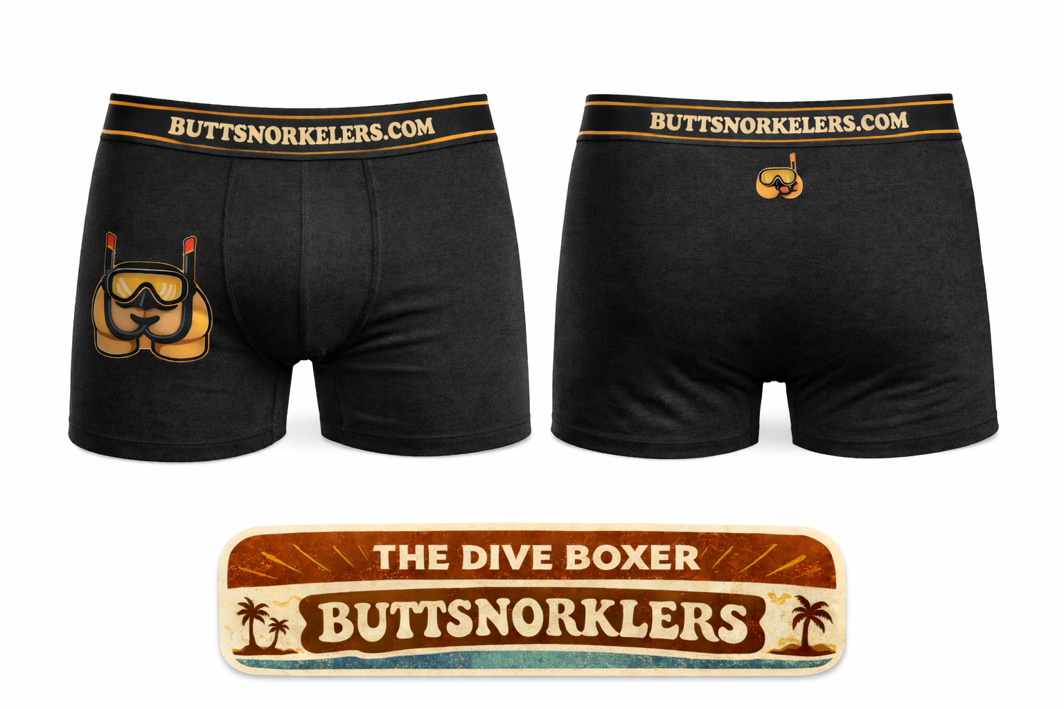 ButtSnorkelers The Dive Boxer — front and back view of black boxer briefs with gold branded waistband and logo