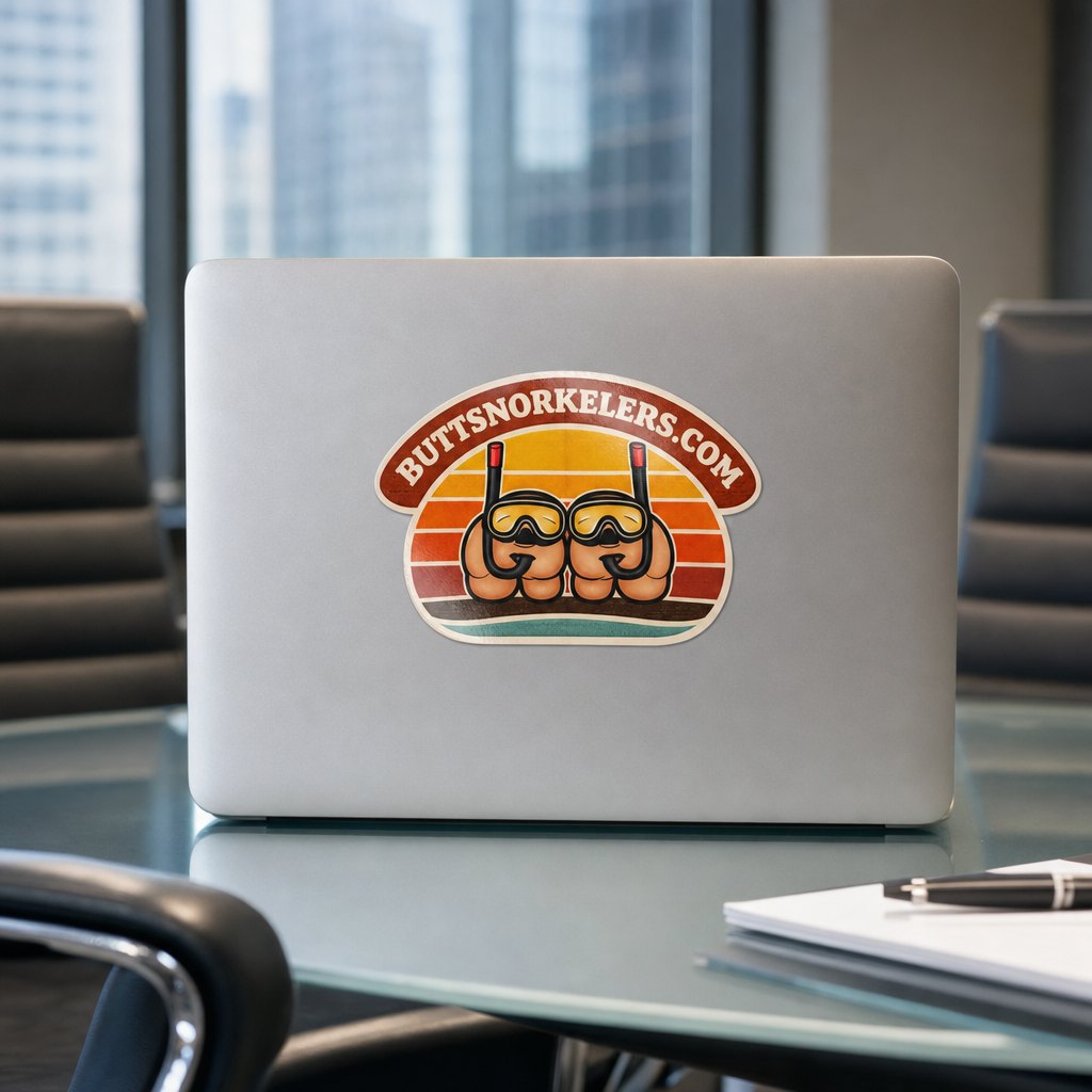 ButtSnorkelers sticker on a laptop in a very serious boardroom