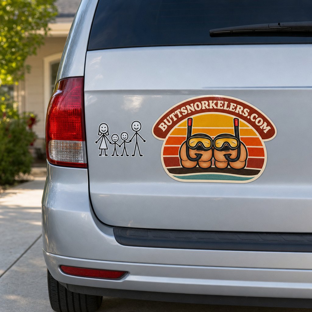 ButtSnorkelers bumper sticker on a minivan next to the stick-figure family