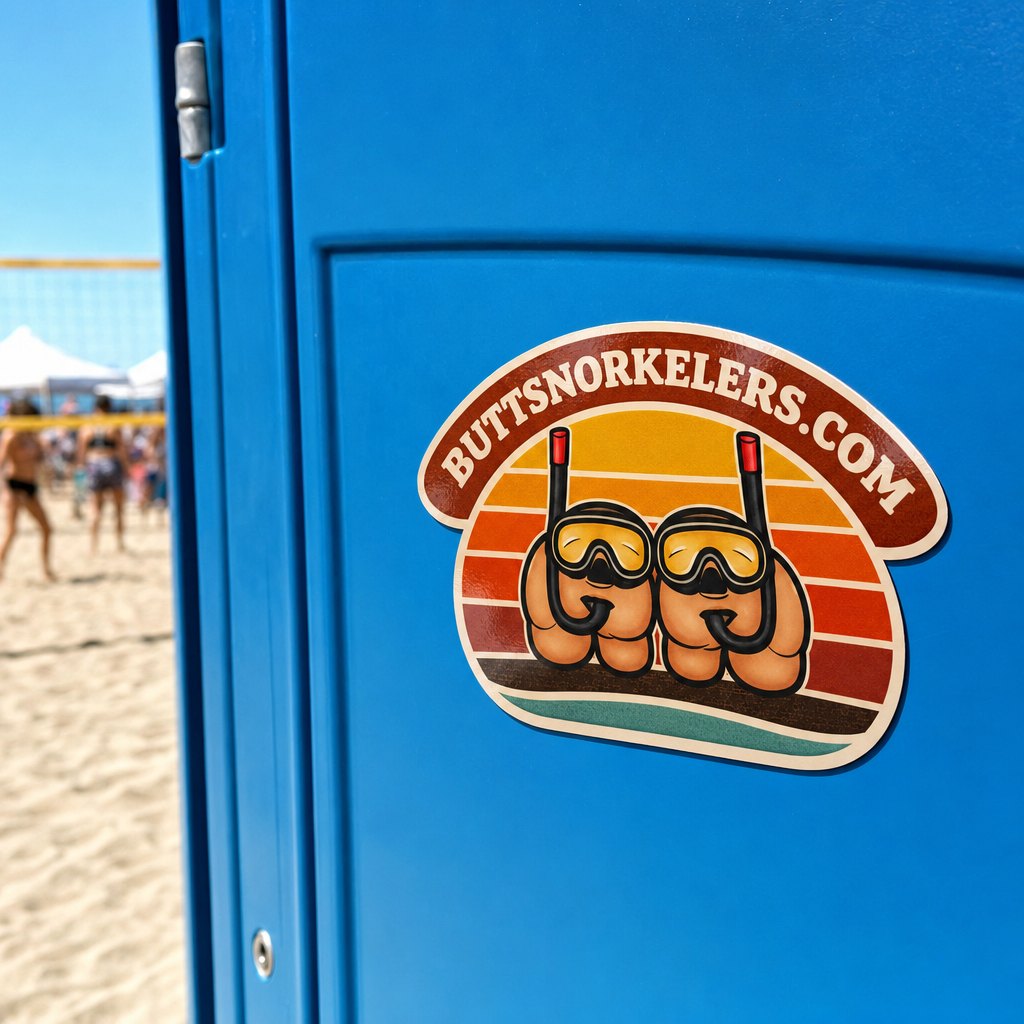 ButtSnorkelers sticker on a porta-potty door at a beach volleyball tournament