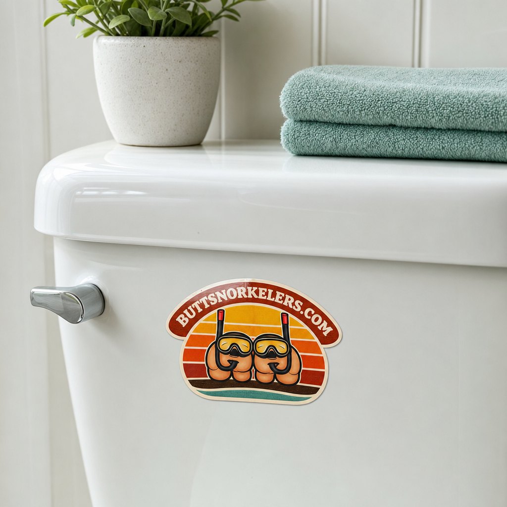 ButtSnorkelers sticker on a toilet tank lid — the natural habitat